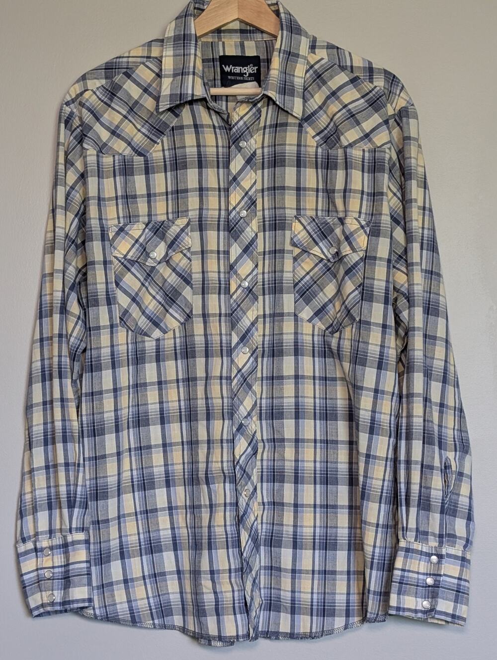 Vintage Wrangler Pearl Snap Shirt Mens L Plaid Blue Yellow Western Cowboy...